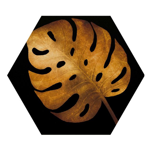 Hexagon Bild Holz - Gold - Monstera auf Schwarz