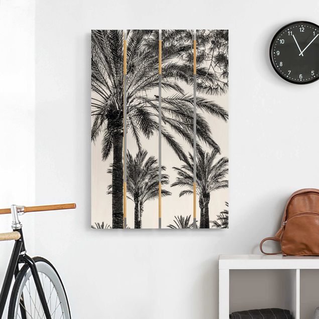 Holzbild Natur Palmen im Sonnenuntergang Schwarz-Weiß