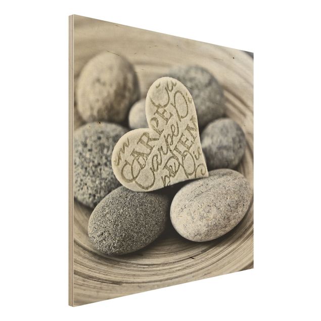 Moderne Holzbilder Carpe Diem Herz mit Steinen