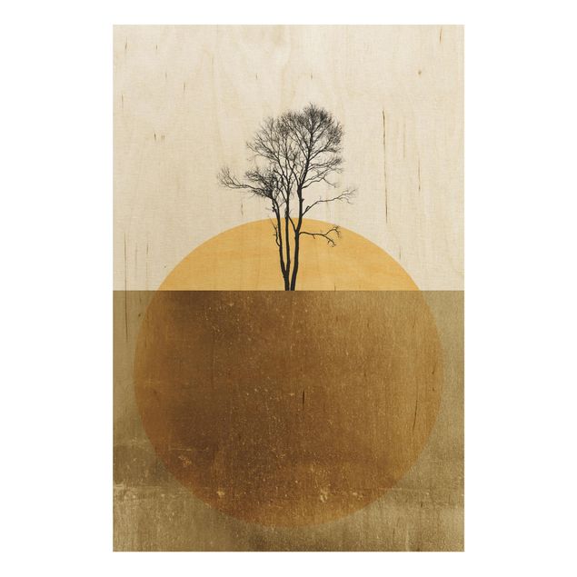 Moderne Holzbilder Goldene Sonne mit Baum