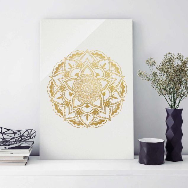 Glasbild - Mandala Illustration Ornament weiß gold - Querformat 2:3