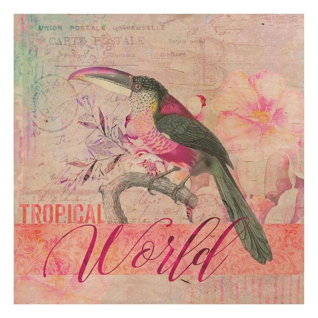 Holzbild Blumen Vintage Collage - Tropical World Tucan