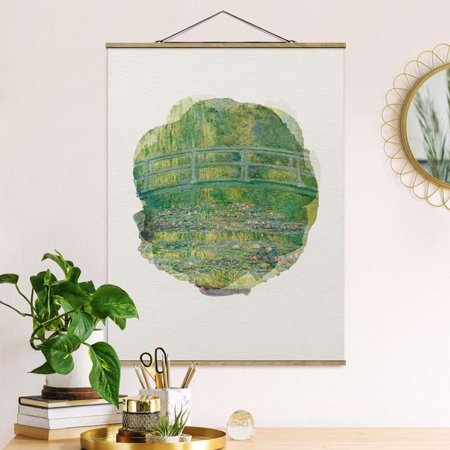 Stoffbild mit Posterleisten - Wasserfarben - Claude Monet - Japanische Brücke - Hochformat 3:4