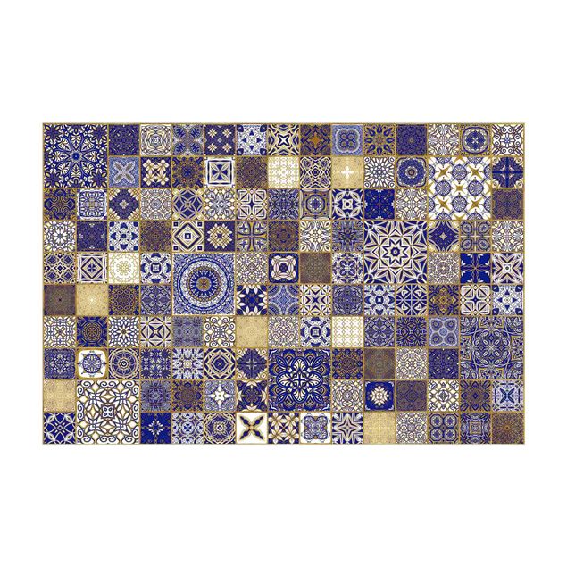 Moderner Teppich Orientalische Fliesen Blau mit Goldschimmer