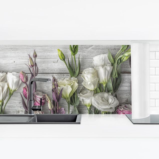 Küchenrückwand Holzoptik Tulpen-Rose Shabby Holzoptik