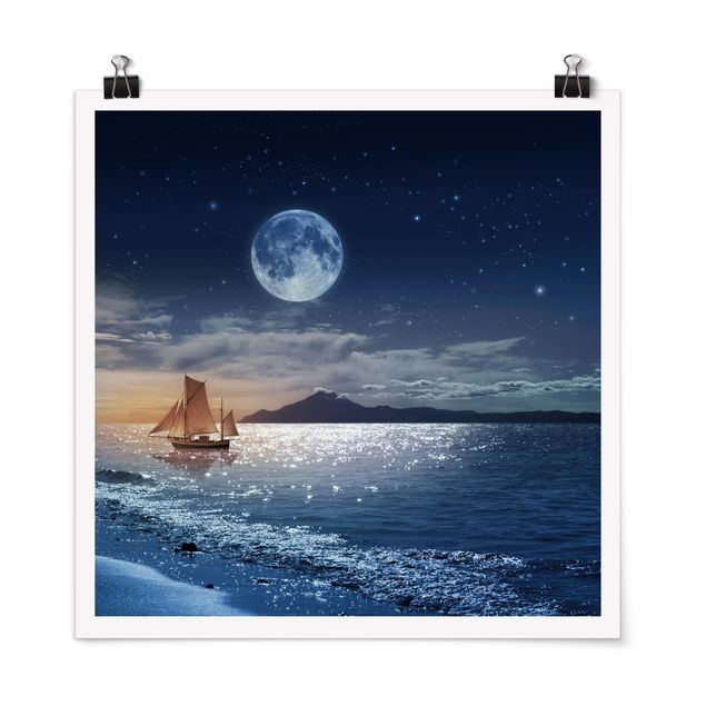 Poster - Moon Night Sea - Quadrat 1:1