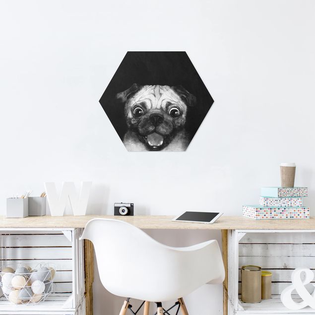 Bilder auf Hartschaumplatte Illustration Hund Mops Malerei auf Schwarz Weiß