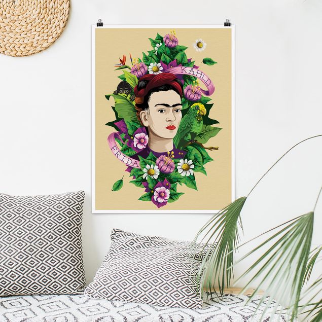 Wandbilder Tiere Frida Kahlo - Frida, Äffchen und Papagei