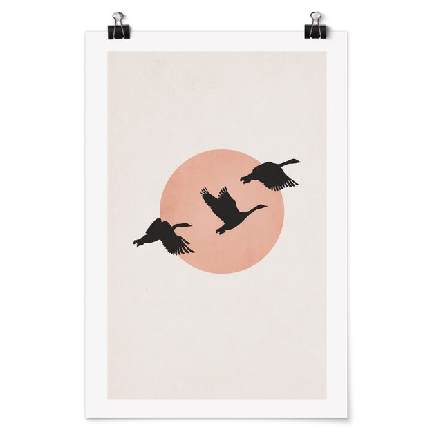 Poster Tiere Vögel vor rosa Sonne III