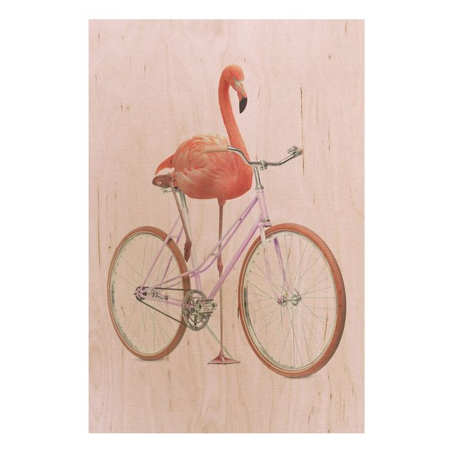 Holzbilder Flamingo mit Fahrrad