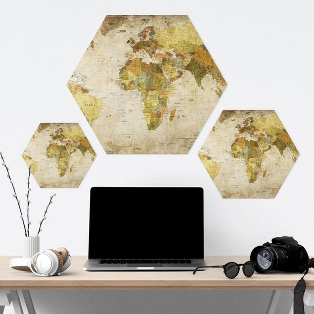 Hexagon Bild Alu-Dibond - Weltkarte