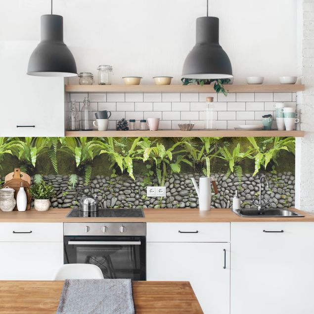 Küchenrückwand Muster Steinwand mit Pflanzen