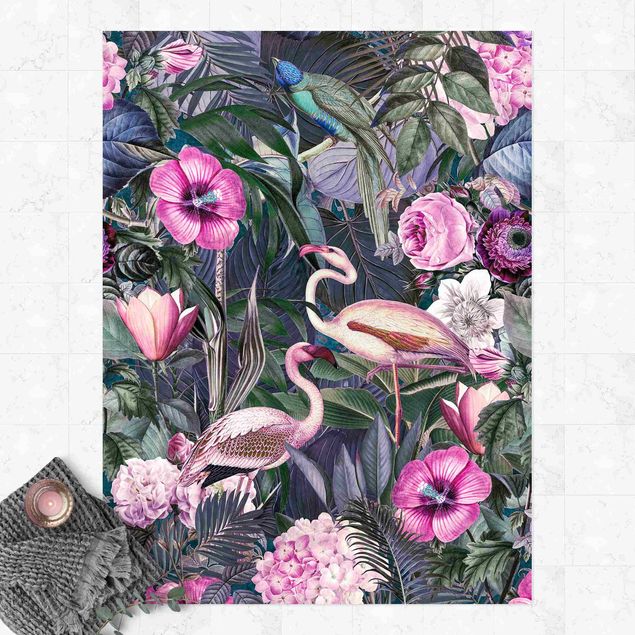Aussen Teppich Bunte Collage - Pinke Flamingos im Dschungel