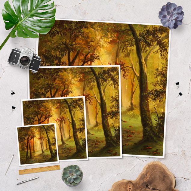 Poster - Gemälde einer Waldlichtung - Quadrat 1:1