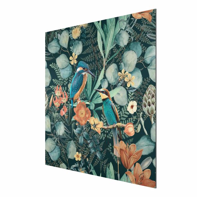 Alu-Dibond - Blumenparadies Eisvogel und Kolibri - Quadrat