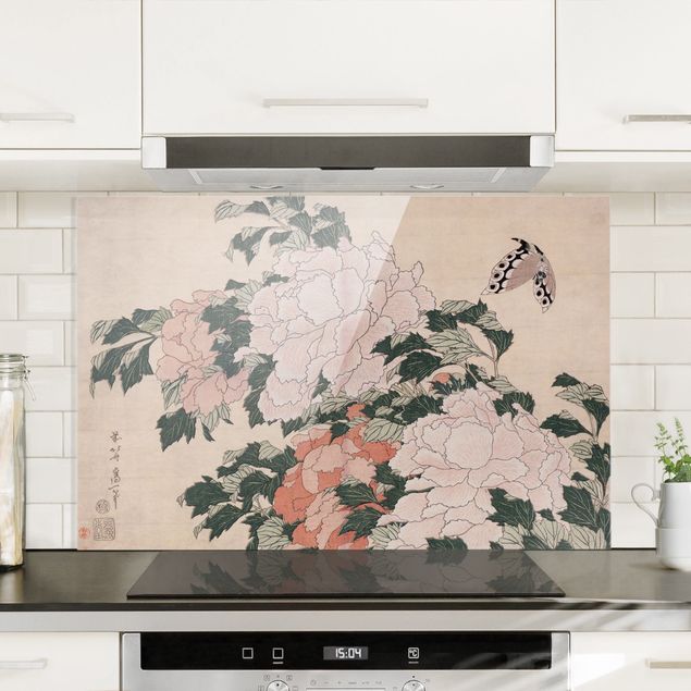 Spritzschutz Glas magnetisch Katsushika Hokusai - Rosa Pfingstrosen mit Schmetterling
