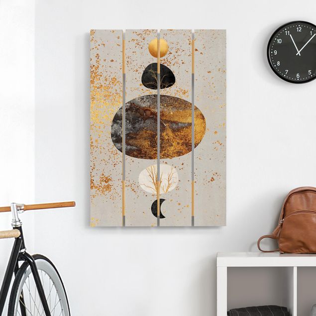 Moderne Holzbilder Sonne und Mond in Goldglanz