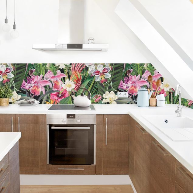 Küchenrückwand Muster Bunte tropische Blumen Collage II