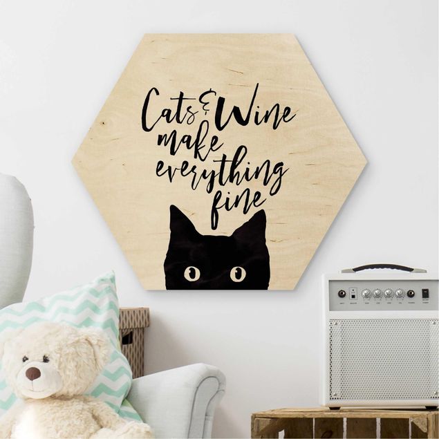 Holzbilder Spruch Cats and Wine make everything fine