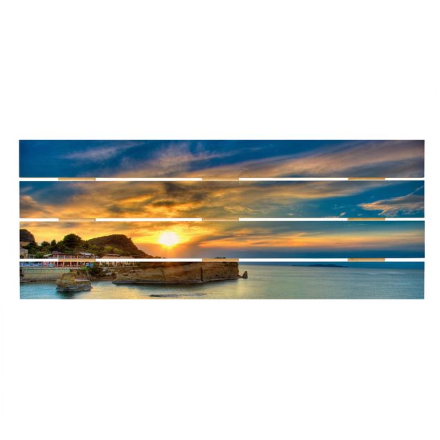 Bilder auf Holz Sonnenuntergang über Korfu