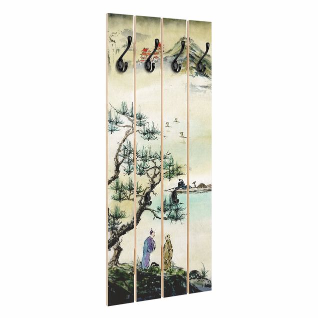 Wandgarderobe Holz - Japanische Aquarell Zeichnung Kiefer und Bergdorf - Haken chrom Hochformat