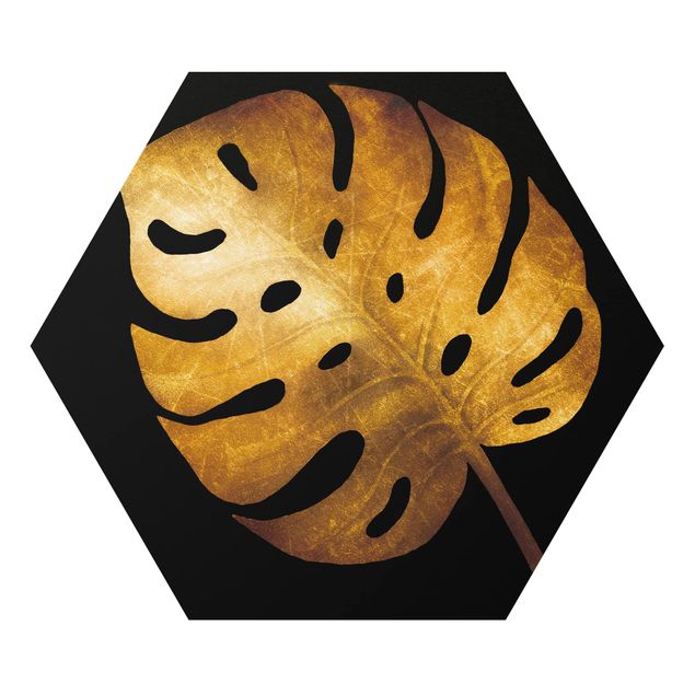 Hexagon Bild Alu-Dibond - Gold - Monstera auf Schwarz