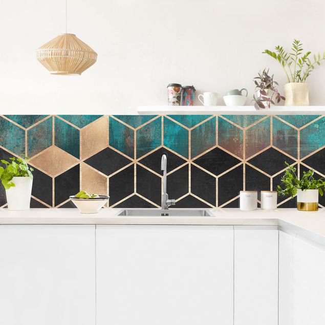 Küchenrückwand - Türkis Rosé goldene Geometrie