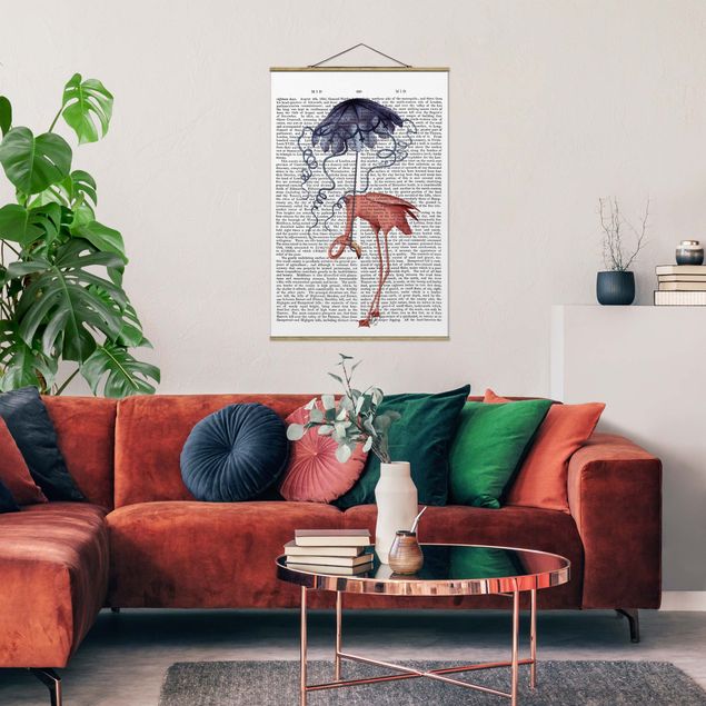 Stoffbilder mit Holzleisten Tierlektüre - Flamingo mit Regenschirm