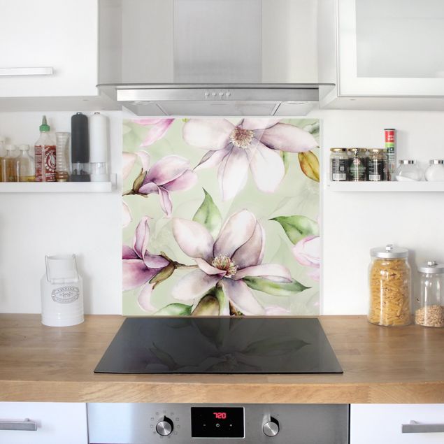 Küchenrückwand Glas Muster Magnolien Illustration auf Mint