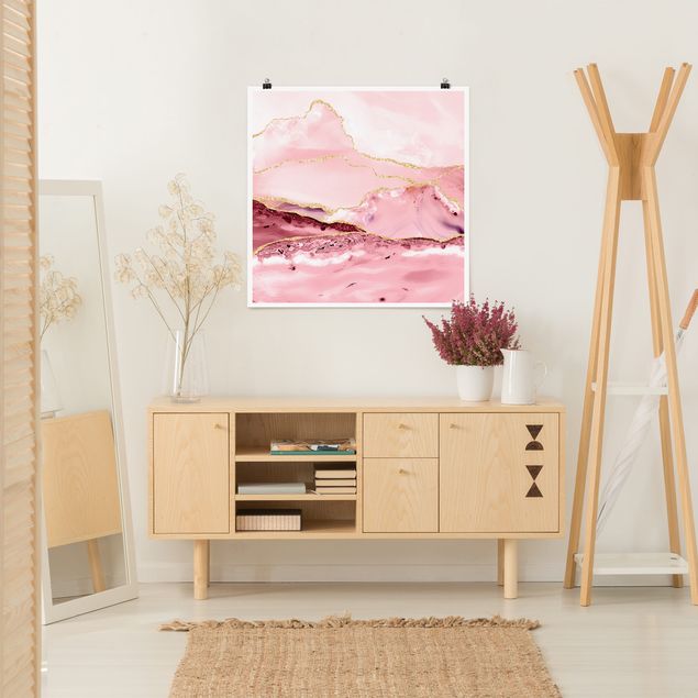 Poster Aquarell Abstrakte Berge Rosa mit Goldene Linien