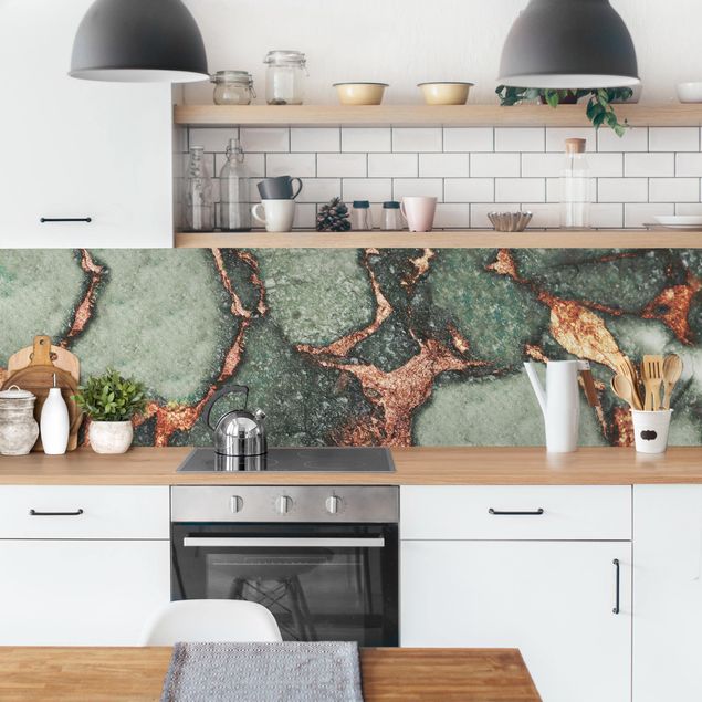 Glasrückwand Küche Muster Spiel der Farben Farngrün und Gold