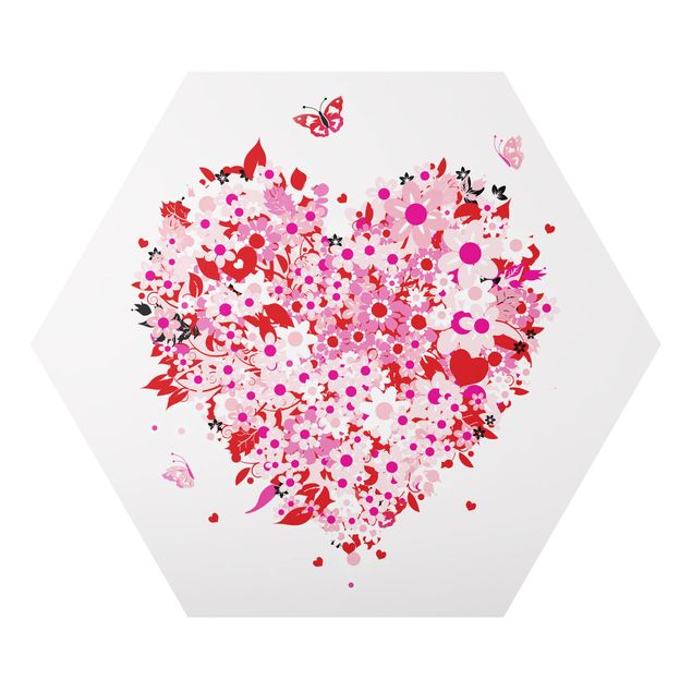 Hexagon Bild Alu-Dibond - Floral Retro Heart