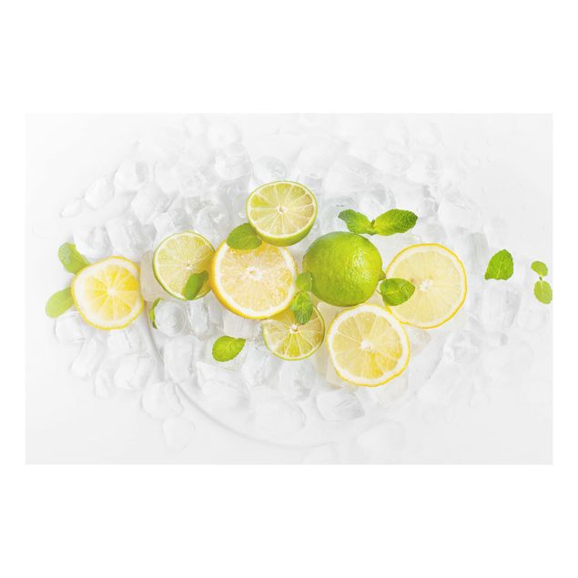Spritzschutz Glas - Zitrusfrüchte auf Eiswürfel - Querformat - 3:2