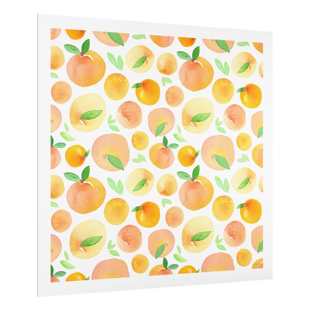 Küchenspritzschutz Aquarell Orangen mit Blättern in weißem Rahmen