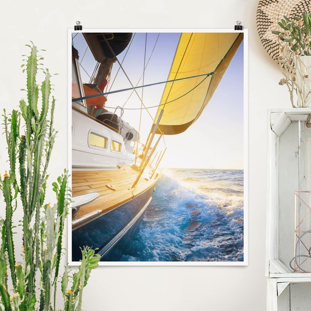Poster Natur Segelboot auf blauem Meer bei Sonnenschein
