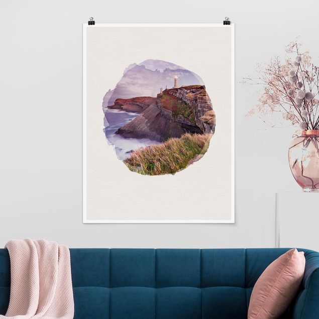 Poster Landschaft Wasserfarben - Steilküste und Leuchtturm