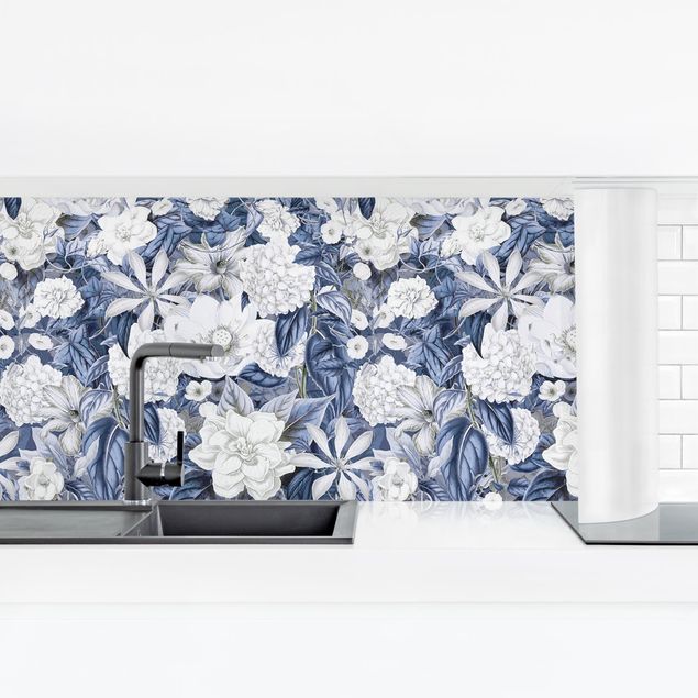 Spritzschutz Küche Weiße Blumen vor Blau