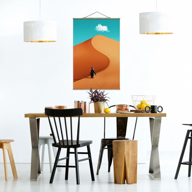 Stoffbilder mit Holzleisten Wüste mit Pinguin