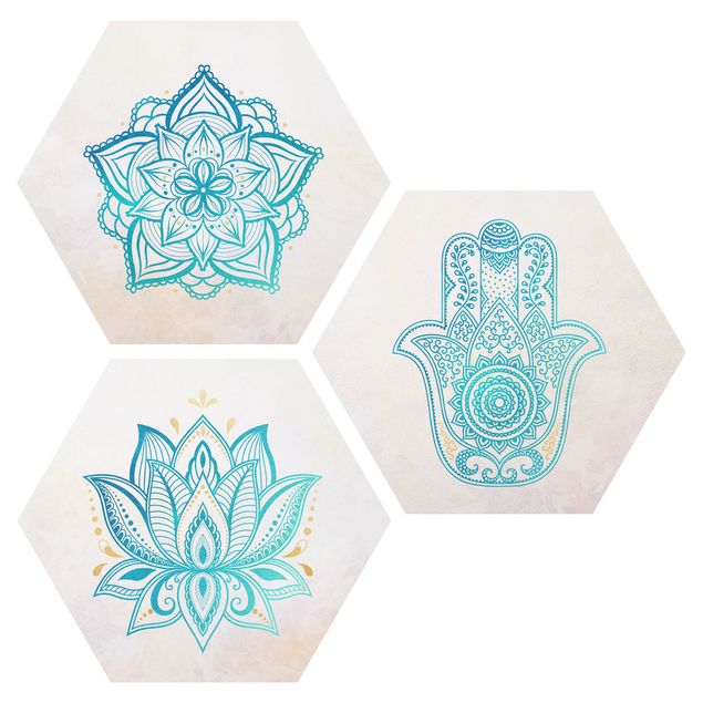 Hexagon Bild Forex 3-teilig - Mandala Hamsa Hand Lotus Set Gold Blau