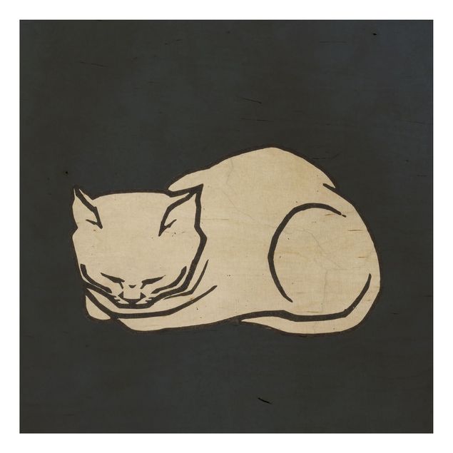 Wandbild Holz Schlafende Katze Illustration