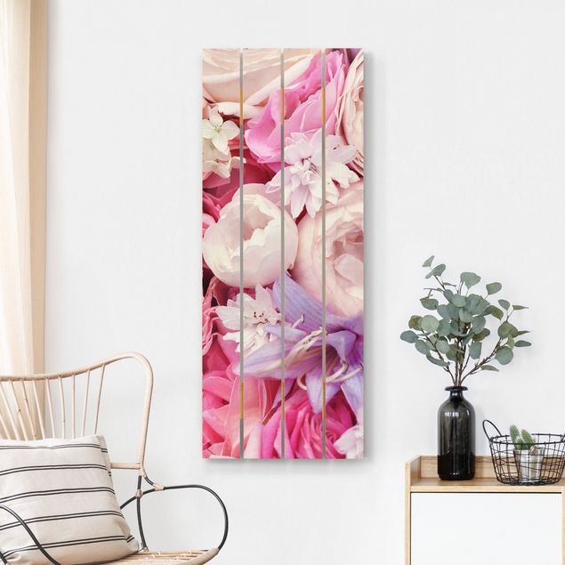 Holzbild Blumen Shabby Rosen mit Glockenblumen