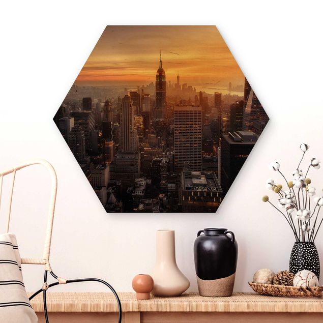 Moderne Holzbilder Manhattan Skyline Abendstimmung
