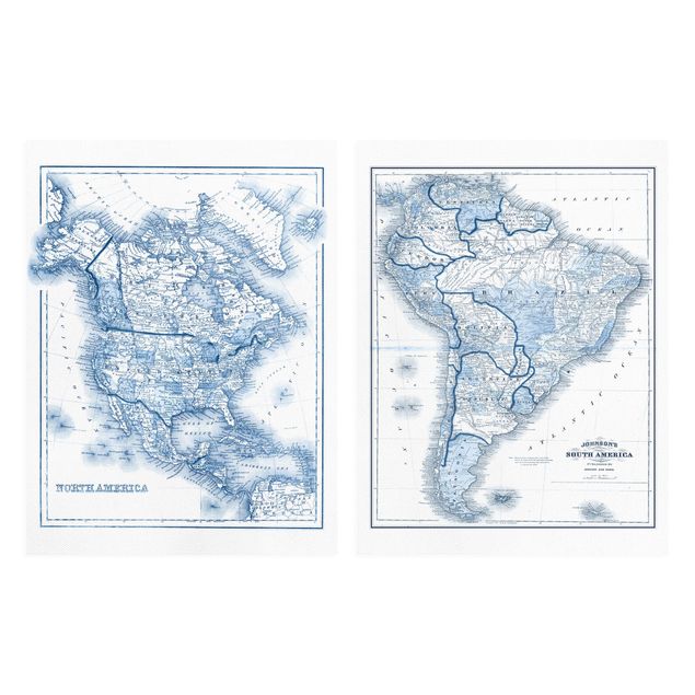 Leinwandbilder Karten in Blautönen Nord- und Südamerika Set I