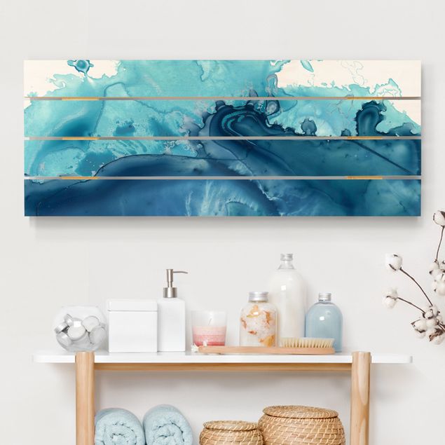 Holzbilder maritim Welle Aquarell Blau I