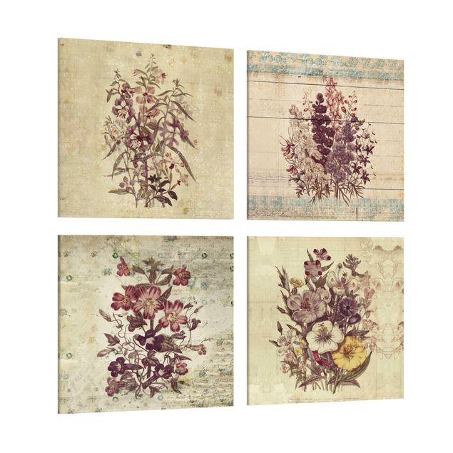 Leinwandbild 4-teilig - Vintage Blumen Sammlung