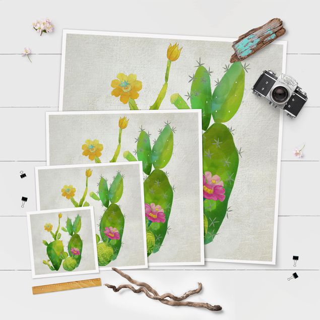 Poster - Kaktusfamilie rosa gelb - Quadrat 1:1