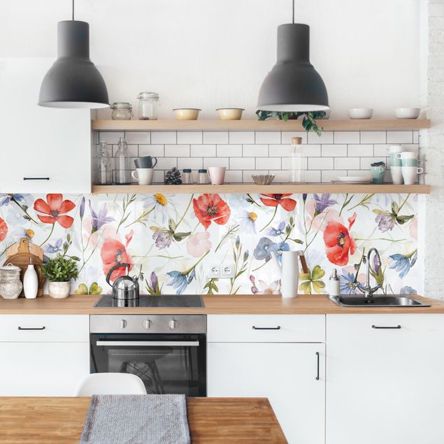 Küchenrückwand Blumen Aquarellierter Mohn mit Kleeblatt