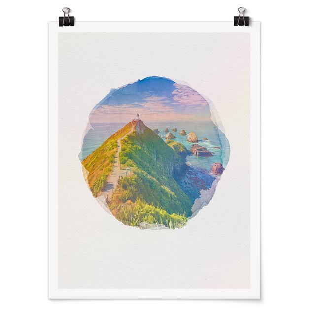 Wandbilder Wasserfarben - Nugget Point Leuchtturm und Meer Neuseeland