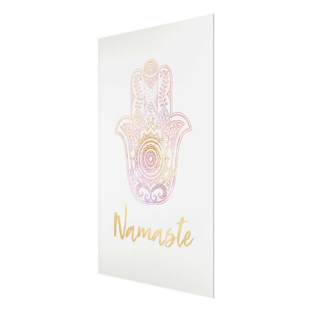 Glasbild - Hamsa Hand Illustration Namaste gold rosa - Querformat 2:3