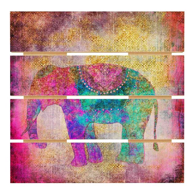 Holzbild - Bunte Collage - Indischer Elefant - Quadrat 1:1